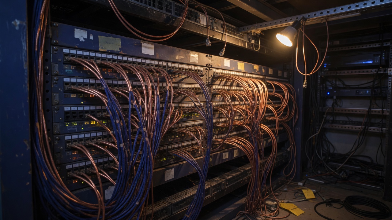 Copper ethernet patch bay in a dim circuit closet
