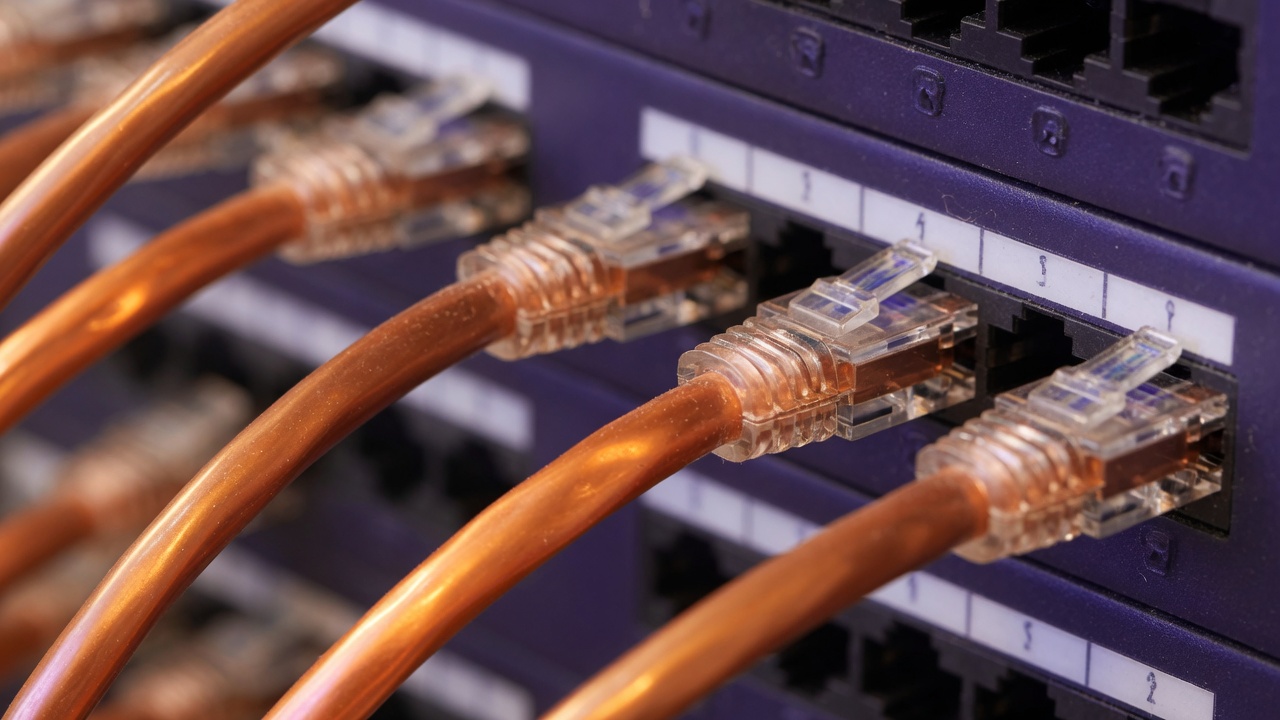 Copper ethernet cables seated in a dark indigo patch panel